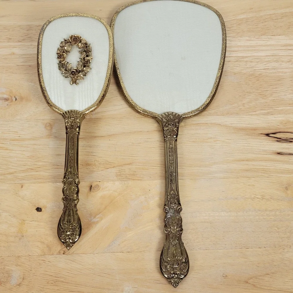Hollywood Regency Antique Gold Gilt Mirror Brush Set Ornate Floral Mid Century‎